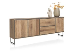 Industrialna komoda TRAPANI 240 cm, fornir z mango 'smoked' na metalowej podstawie.