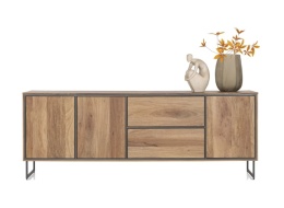 Industrialna komoda TRAPANI 240 cm, fornir z mango 'smoked' na metalowej podstawie.