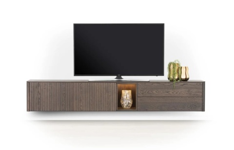 Nowoczesna szafka RTV TRENTON 240 cm, fornir dębowy w kolorze clay, na metalowych nogach lub cokole, z oświetleniem LED. Nowoczesna szafka RTV TRENTON 240 cm, fornir dębowy w kolorze clay, na metalowych nogach lub cokole, z oświetleniem LED.