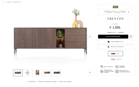 (M, defekt) Komoda TRENTON 210 cm z forniru dębowego w kolorze clay, metalowa podstawa, 2 drzwi, 3 szuflady, 2 nisze LED