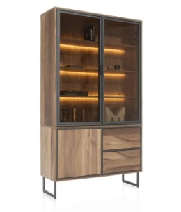 (K, defekt) Wysoka witryna industrialna TRAPANI 120x210 cm, fornir mango 'smoked', z oświetleniem LED.