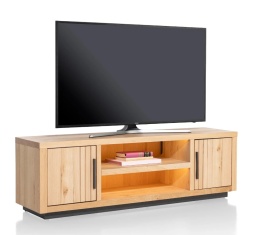 (defekt) Szafka RTV/Lowboard PAVIE 160 cm z eukaliptusa i forniru dębowego, naturalny kolor, LED, soft-closing