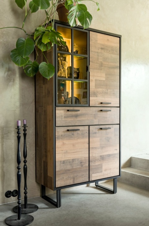 (M) Wysoka witryna Henders & Hazel Avalon 195 cm, 1 drzwi szklane, LED, soft-close, kolor Driftwood