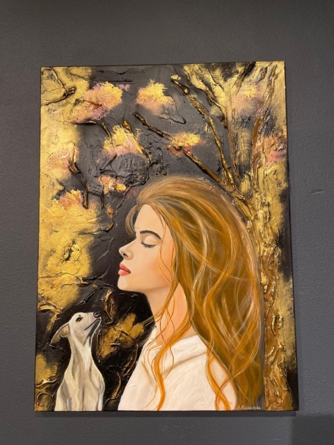 Obraz Ręcznie Malowany "Złota Więź" – Kobieta z Psem 55x75 cm